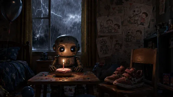 AI-generated cinematic scene of a small wide-eyed metal robot sitting at a child's bedroom table with a single candle on a pink cupcake while lightning flashes outside the window and red sneakers wait on a wooden chair