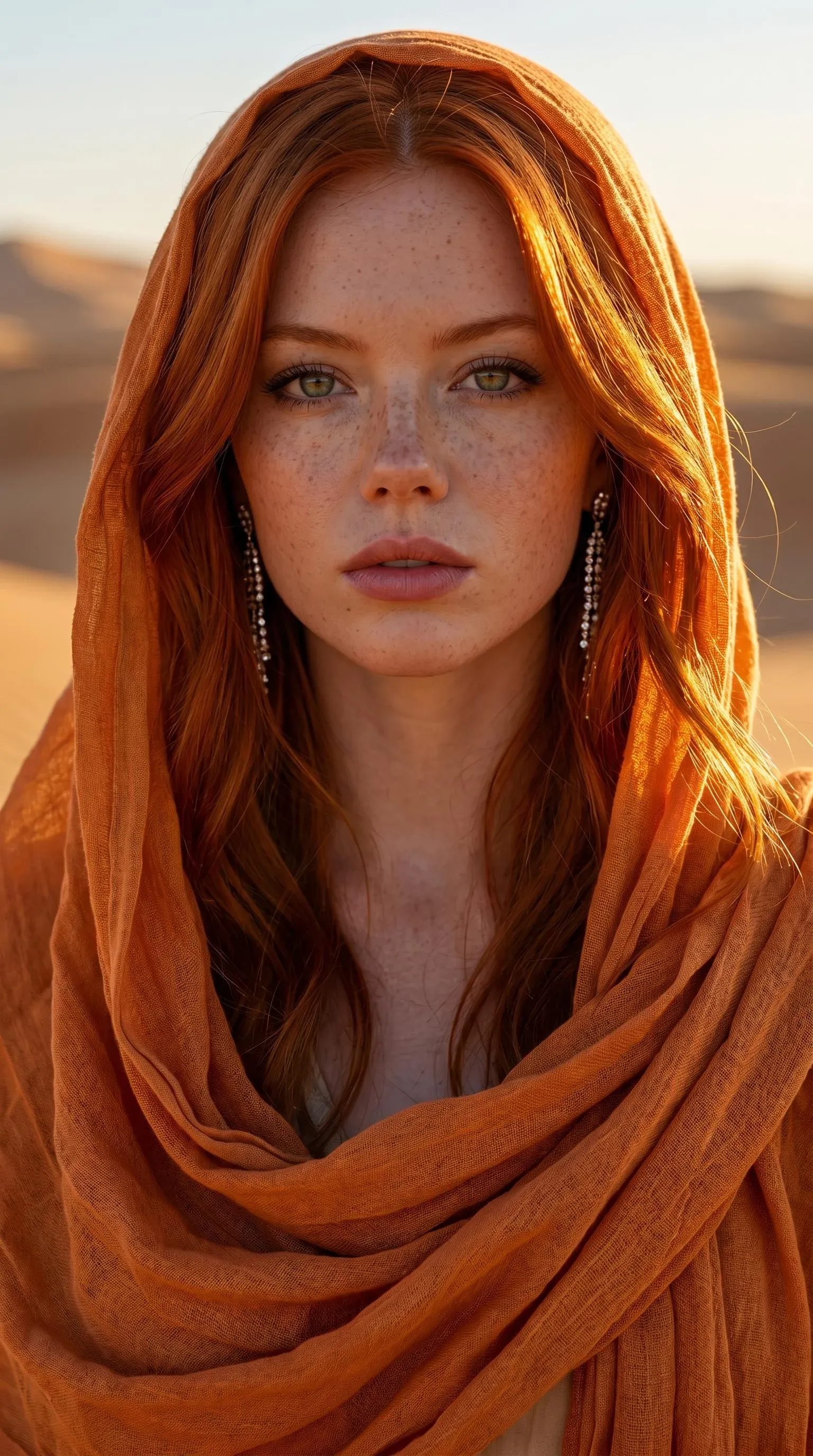 Photoreal golden-hour portrait of a red-haired freckled green-eyed woman wrapped in an orange linen Saharan shawl, sand dunes blurred behind her at sunset