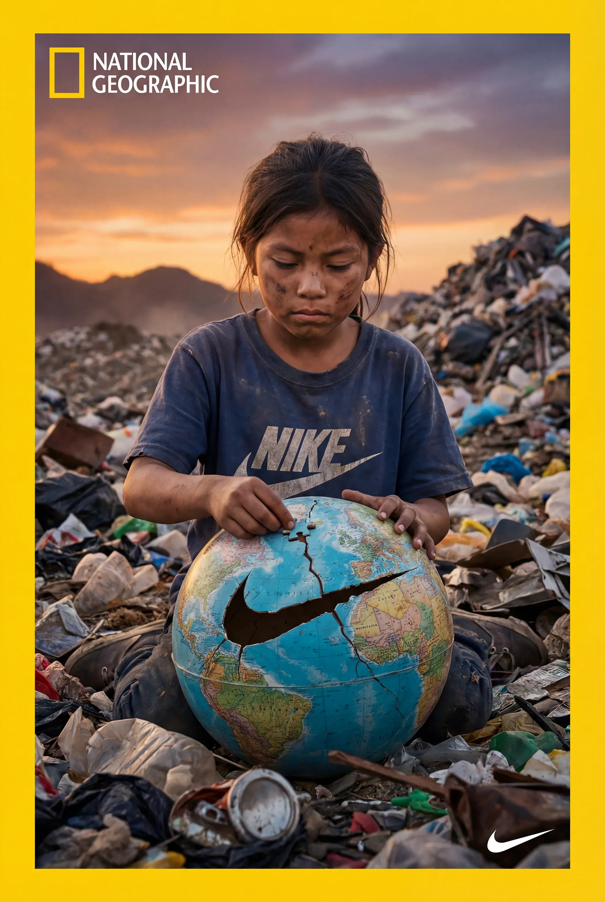 National Geographic style cover - young Asian girl in a worn NIKE t-shirt sitting in a landfill of plastic waste cradling a cracked globe with the Nike swoosh painted across continents, sunset behind her