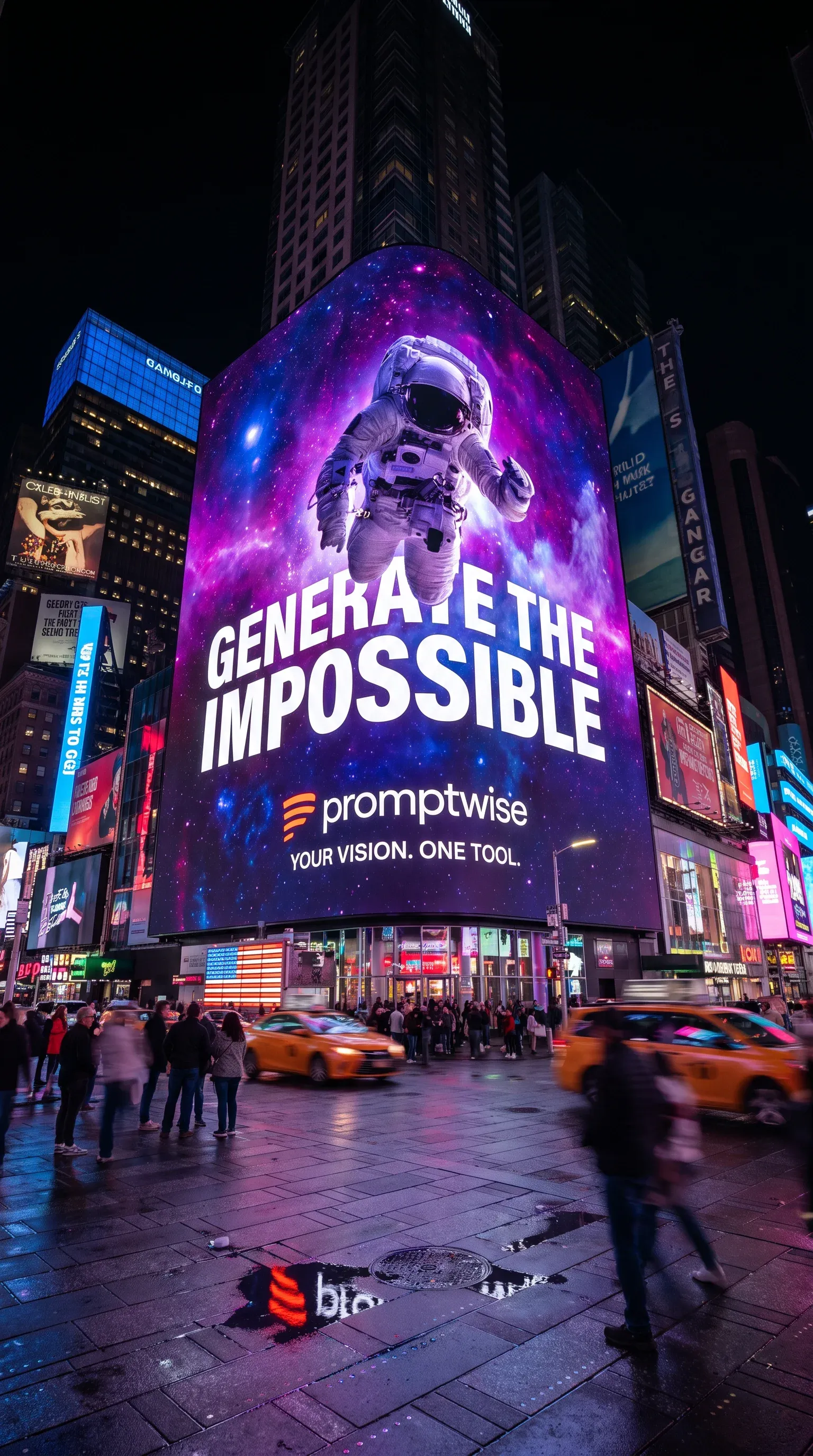 AI-generated Times Square ad by Noella Pondja for PromptWise featuring a purple space astronaut with the tagline Generate the Impossible - Your Vision One Tool