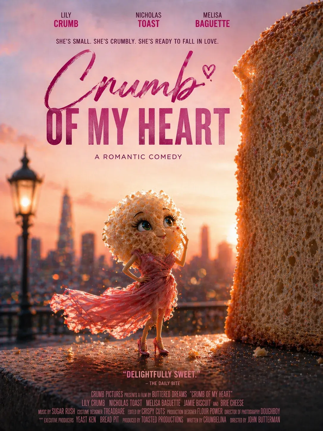 Romantic comedy movie poster titled Crumb of My Heart featuring an anthropomorphic bread-crumb heroine Lily Crumb in a pink chiffon dress on a sunset city street, with full Hollywood credits