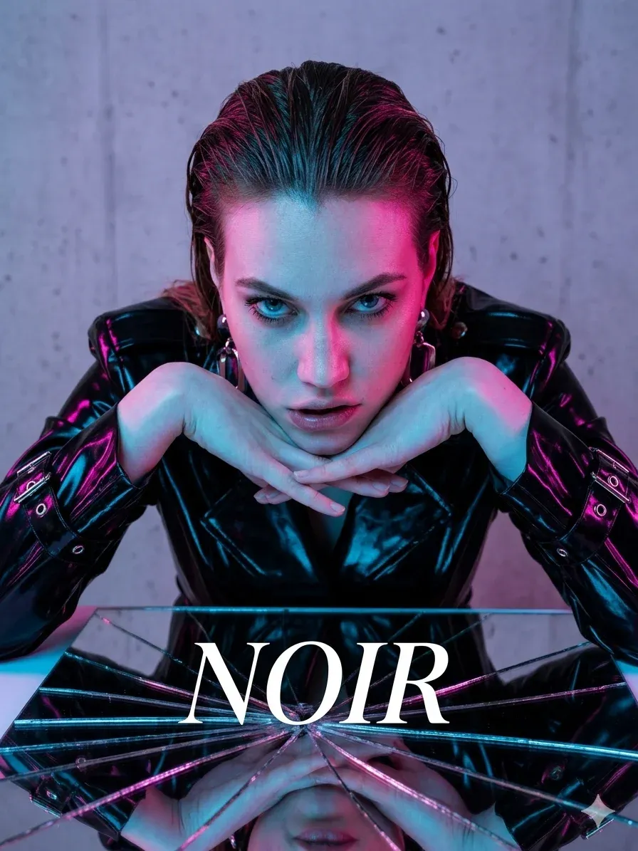 NOIR magazine cover style portrait of a woman in a metallic black jacket leaning forward, illuminated by neon pink and cyan rim lighting against a concrete wall