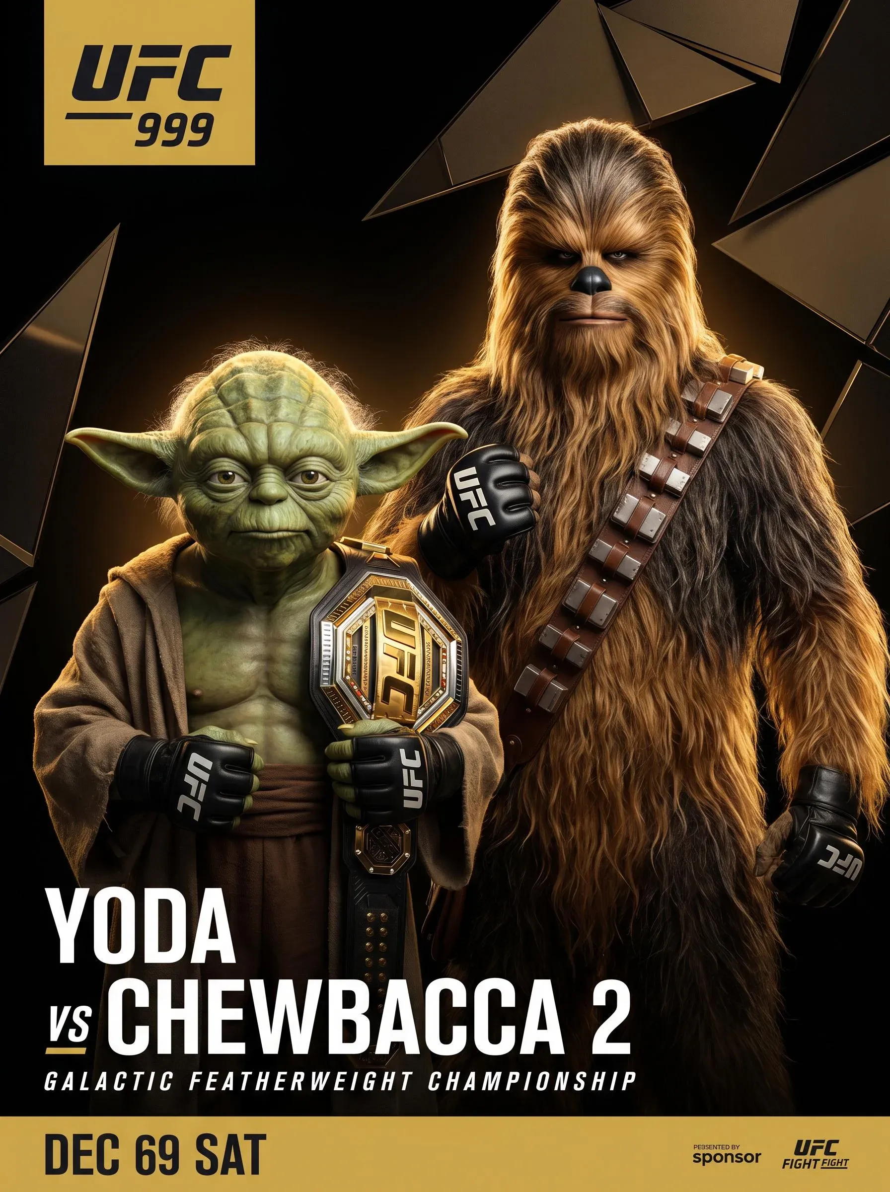 UFC 999 fight poster with Yoda holding the championship belt facing Chewbacca, both wearing MMA gloves, captioned Galactic Featherweight Championship