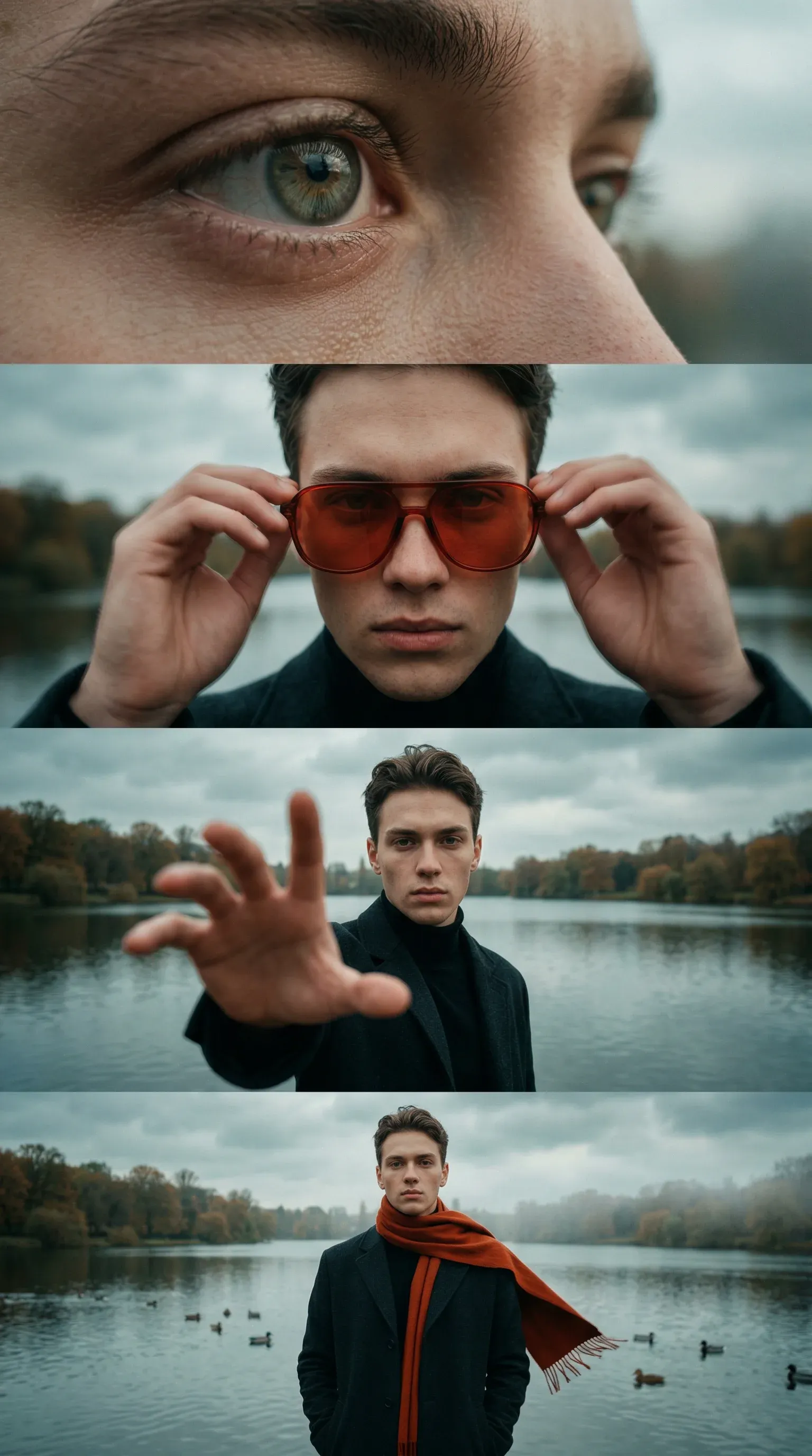 Four-panel cinematic portrait of a brunette man by an autumn lake at dusk - extreme eye close-up, removing red-tinted aviator sunglasses, reaching toward the camera, and standing pensively in a red scarf