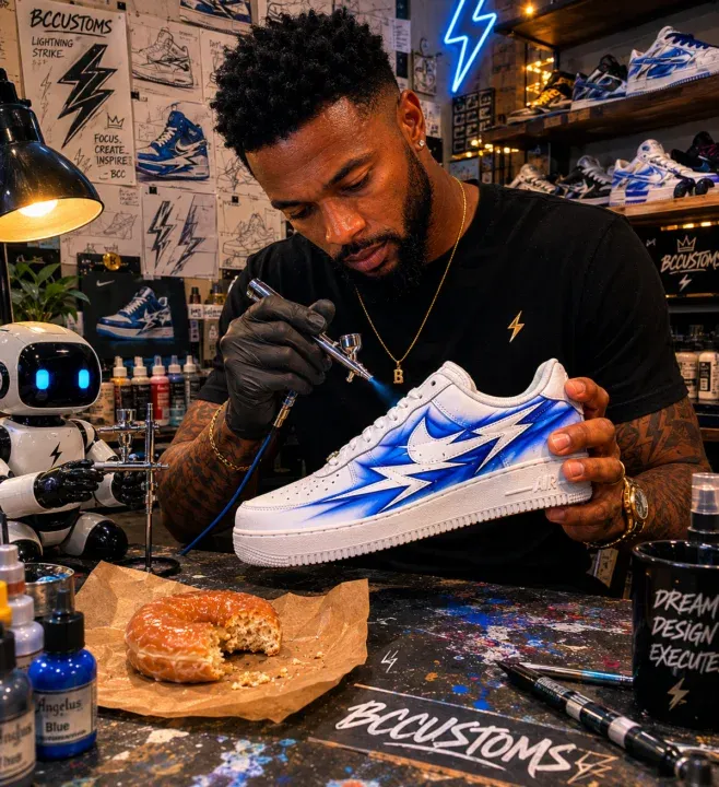 AI-generated photo of a sneaker artist airbrushing blue lightning bolts onto a white Air Force 1 in his BCCUSTOMS studio with a half-eaten glazed donut on the workbench and a small robot assistant