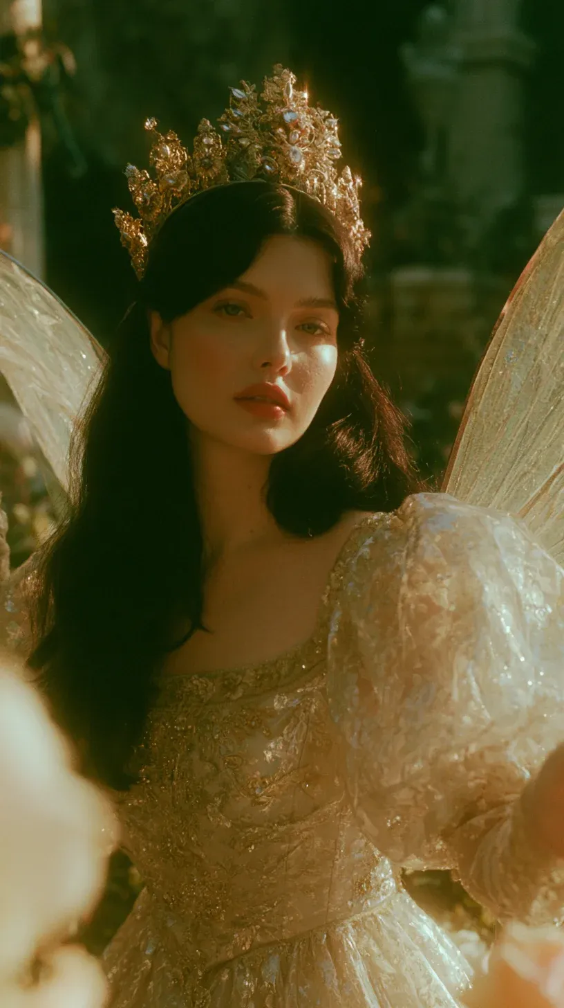 AI fairy queen portrait - East Asian woman in a tan and gold embroidered ballgown, a jewelled crown, and translucent fairy wings standing in soft golden hour sunlight surrounded by white flowers
