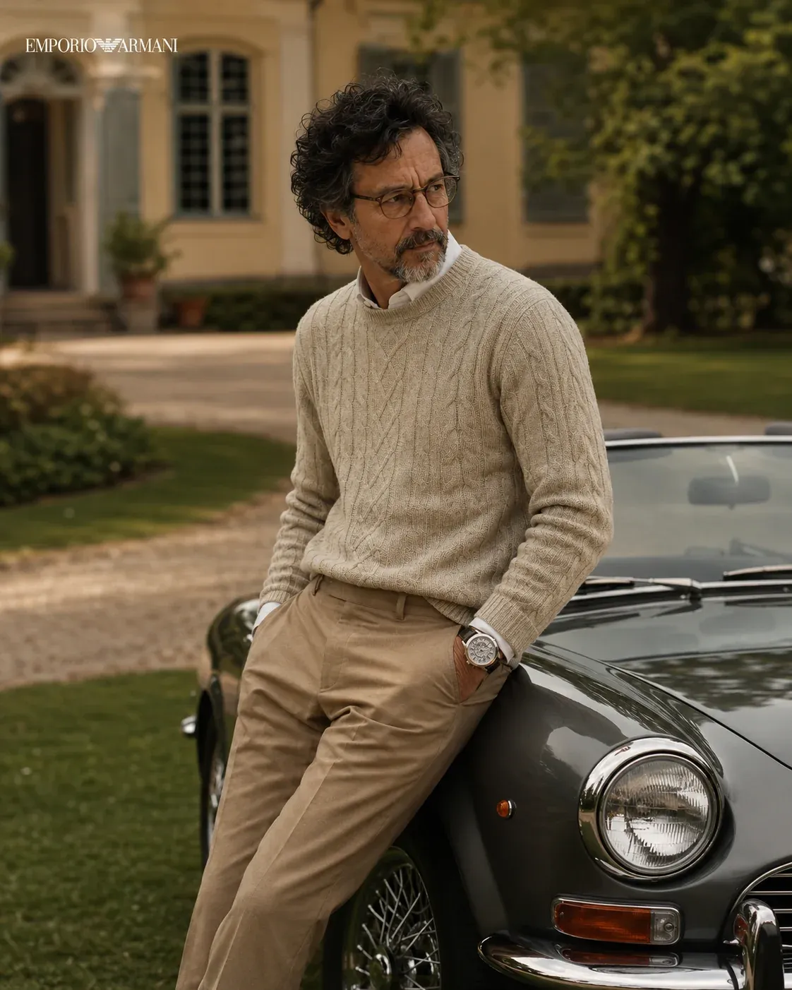 AI-generated Emporio Armani-style portrait of an older bearded man with glasses in a cream cable-knit sweater and beige trousers leaning on a vintage classic car outside an Italian estate