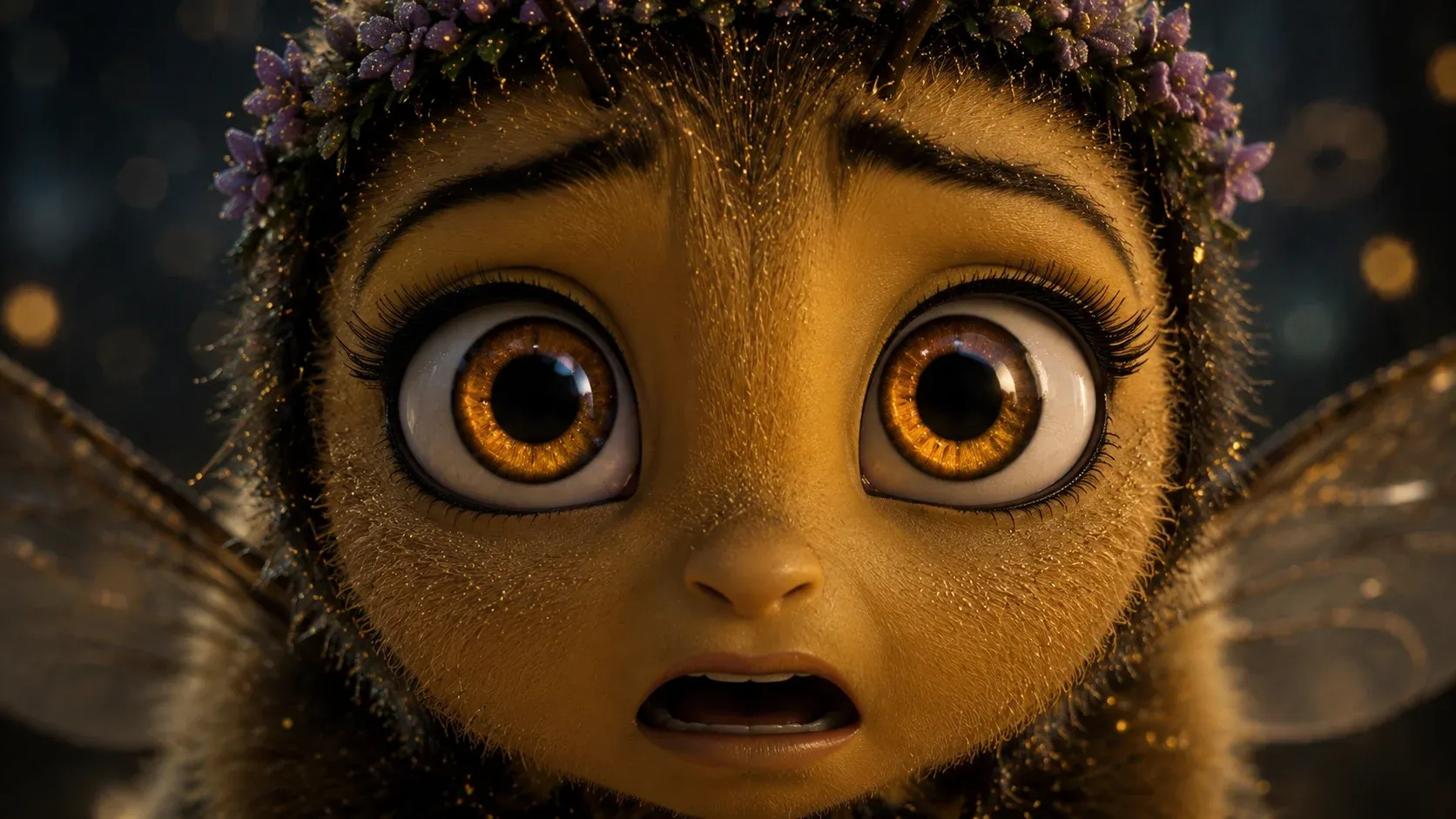 Pixar-style 3D-animated close-up of a fuzzy yellow bee creature with massive expressive amber eyes, tiny wings, and a crown of pink wildflowers, golden dust glowing around its head