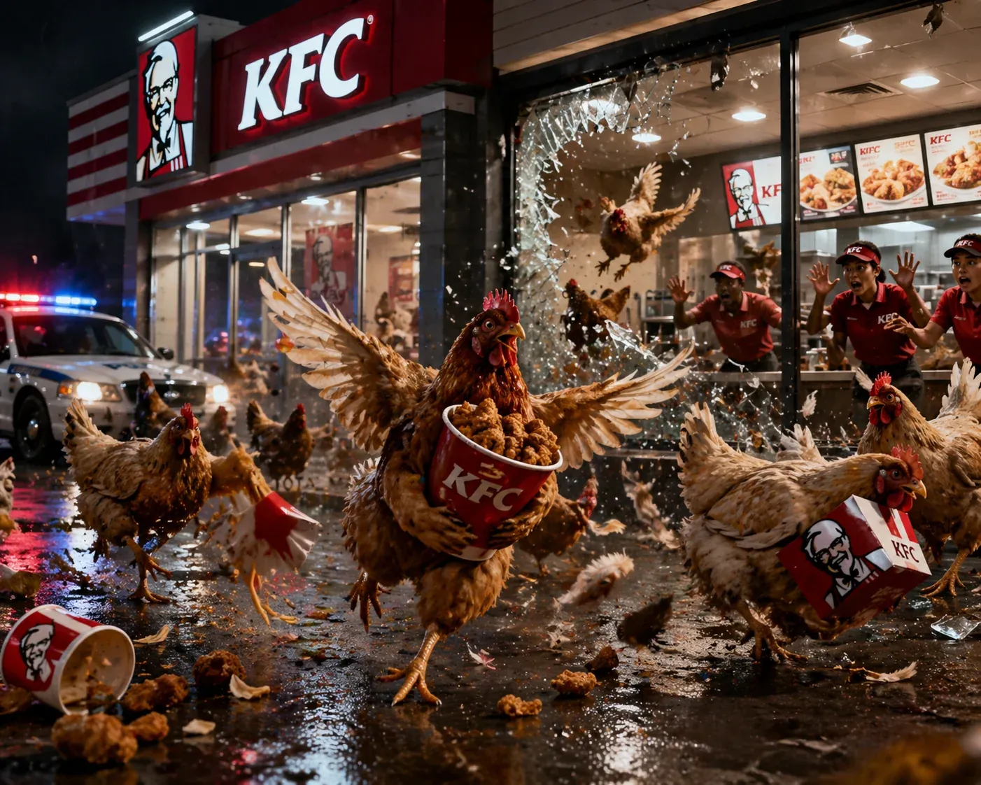 Photoreal feathered chickens raiding a KFC storefront at night, carrying KFC buckets of nuggets and chicken pieces, smashed window glass mid-air, police car with flashing red and blue lights