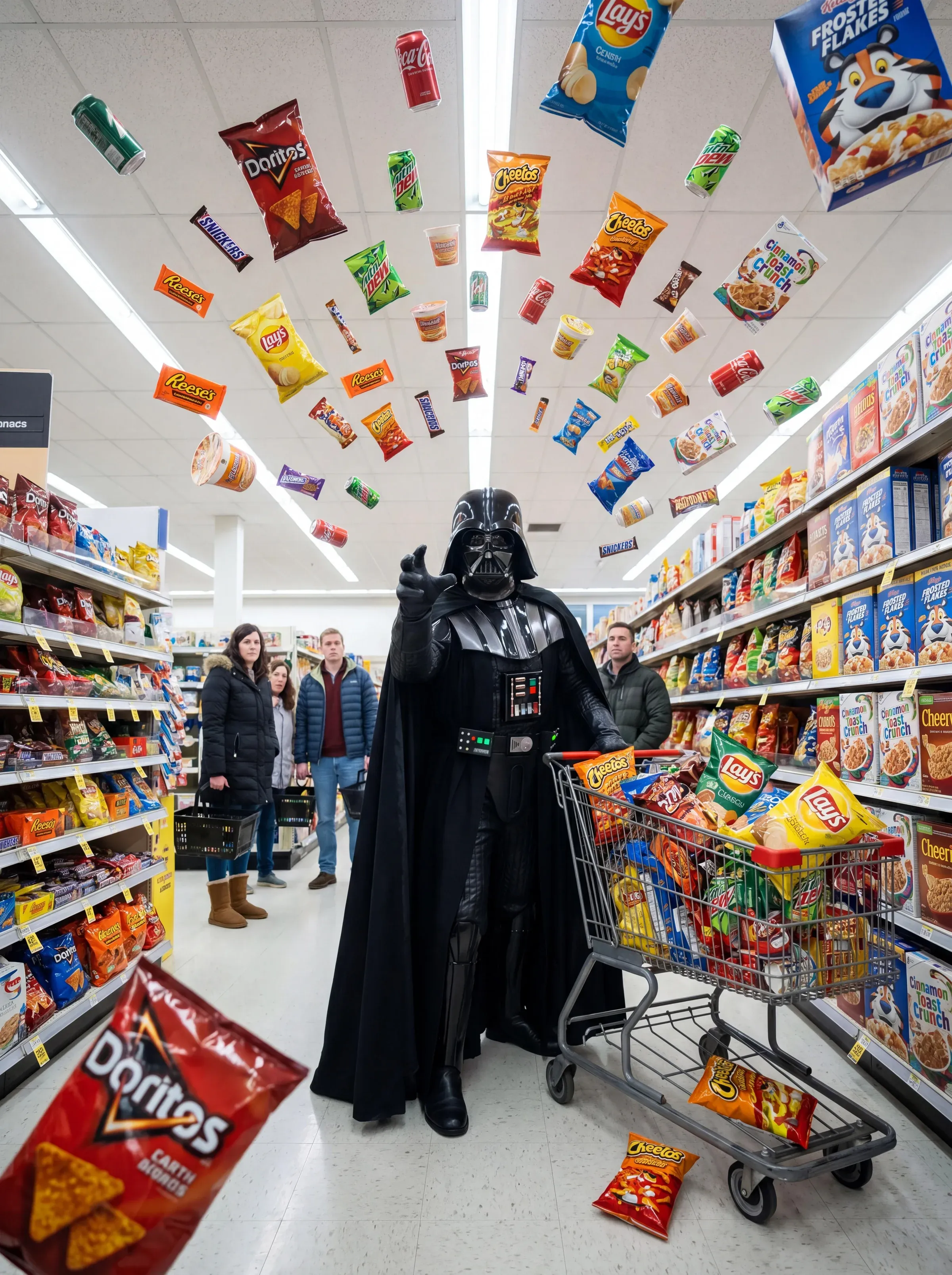Darth Vader pushing a shopping cart full of Doritos and snack food down a supermarket aisle while bags of chips float in mid-air around him
