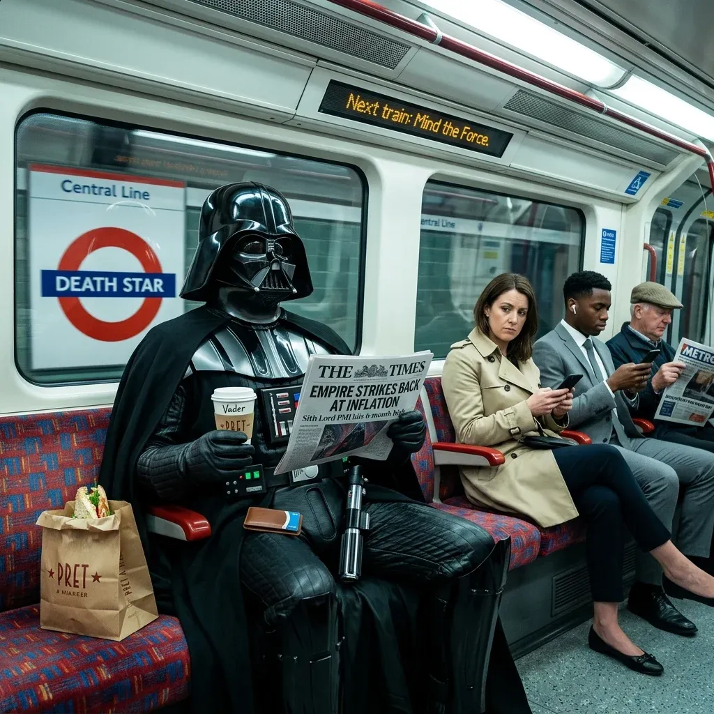 Darth Vader sitting on a London Underground Central Line train carrying coffee and a paper bag, reading a Death Star newspaper next to commuters