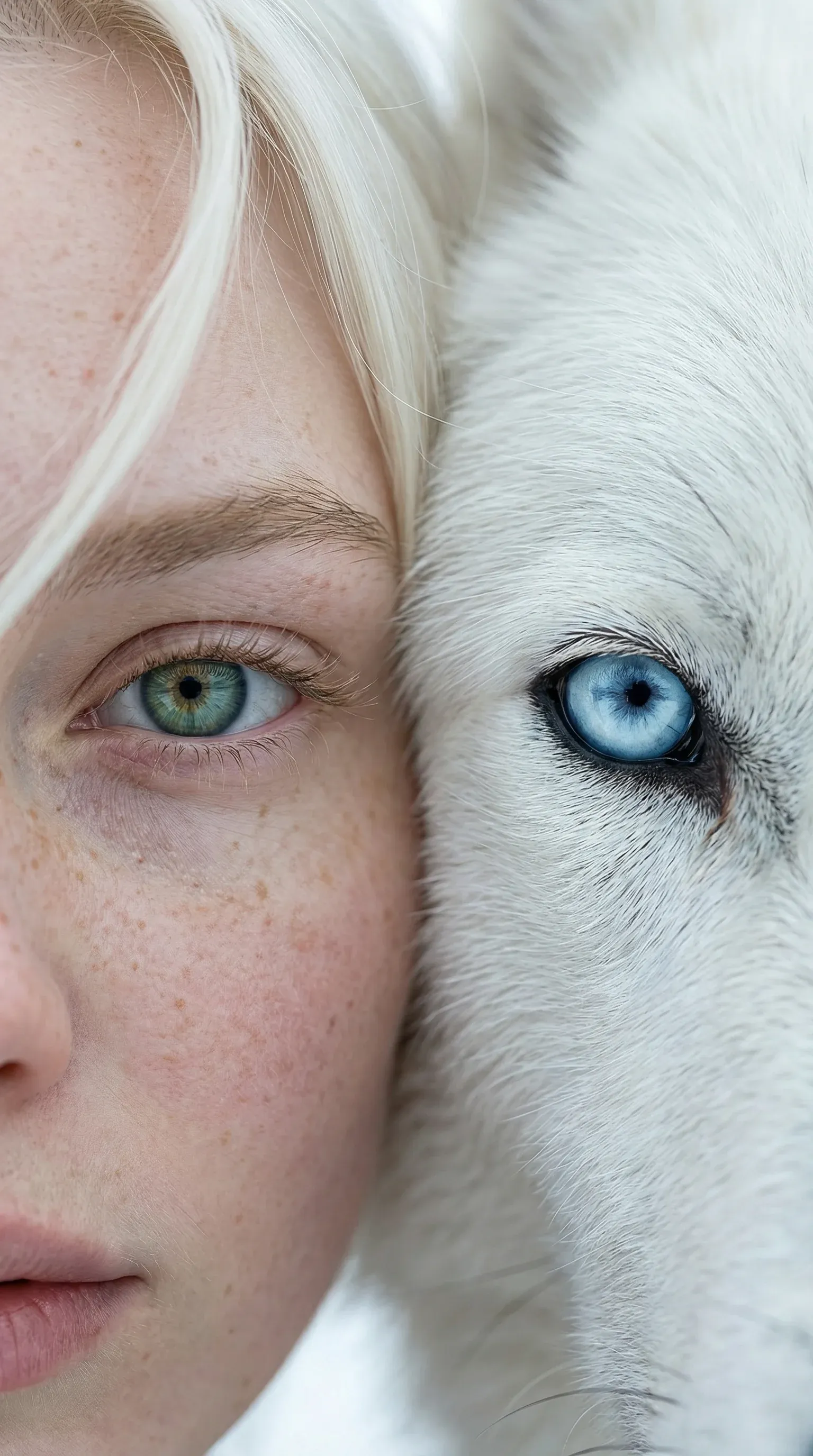 Tight split close-up portrait of a freckled young woman with one green eye on the left half and a white wolf with one ice-blue eye on the right half, blonde hair and white fur merging at the centre