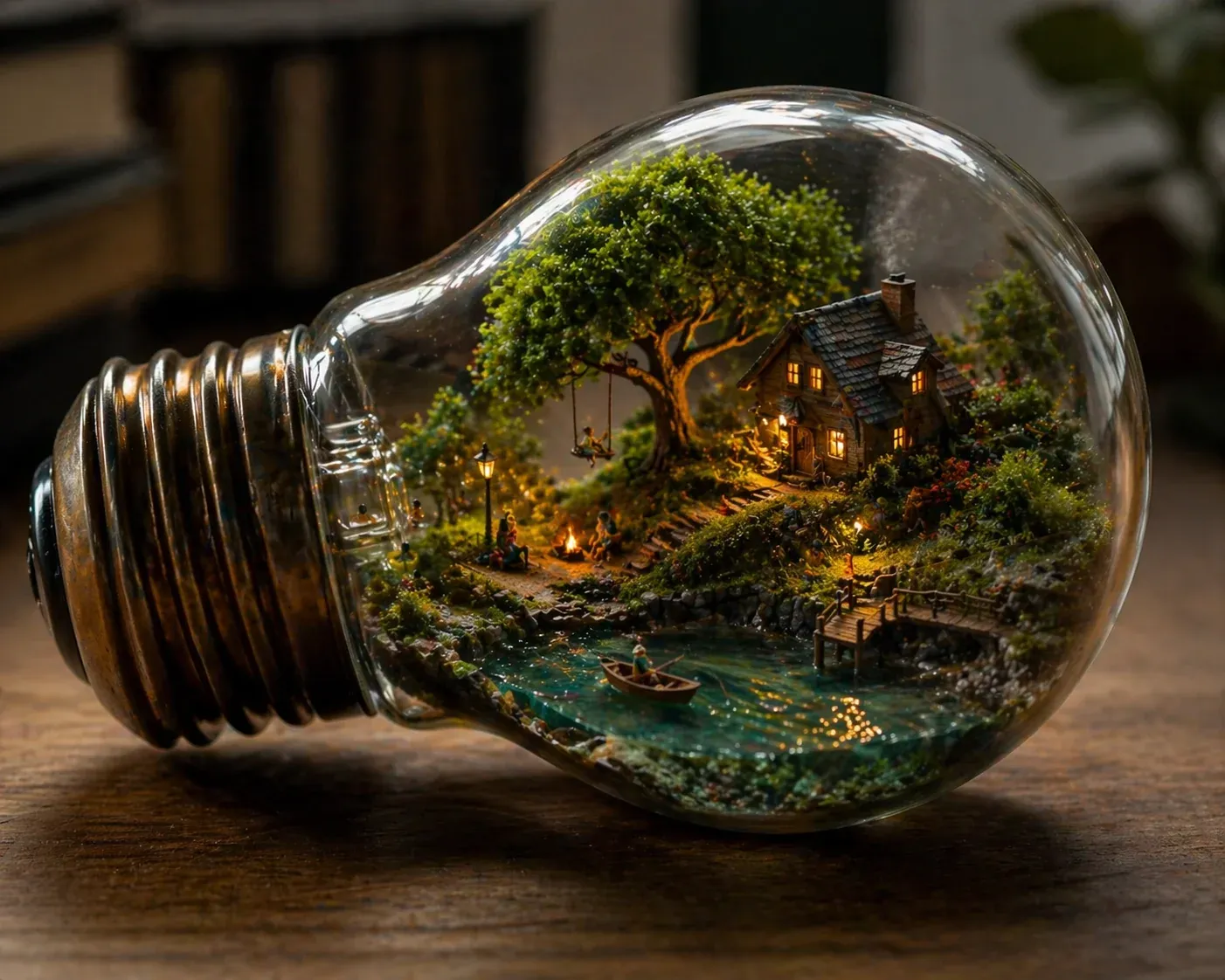 Vintage Edison lightbulb lying on a wooden desk containing an entire miniature world inside - stone cottage with warm lit windows, oak tree, rope swing, campfire, person rowing a small boat on a pond
