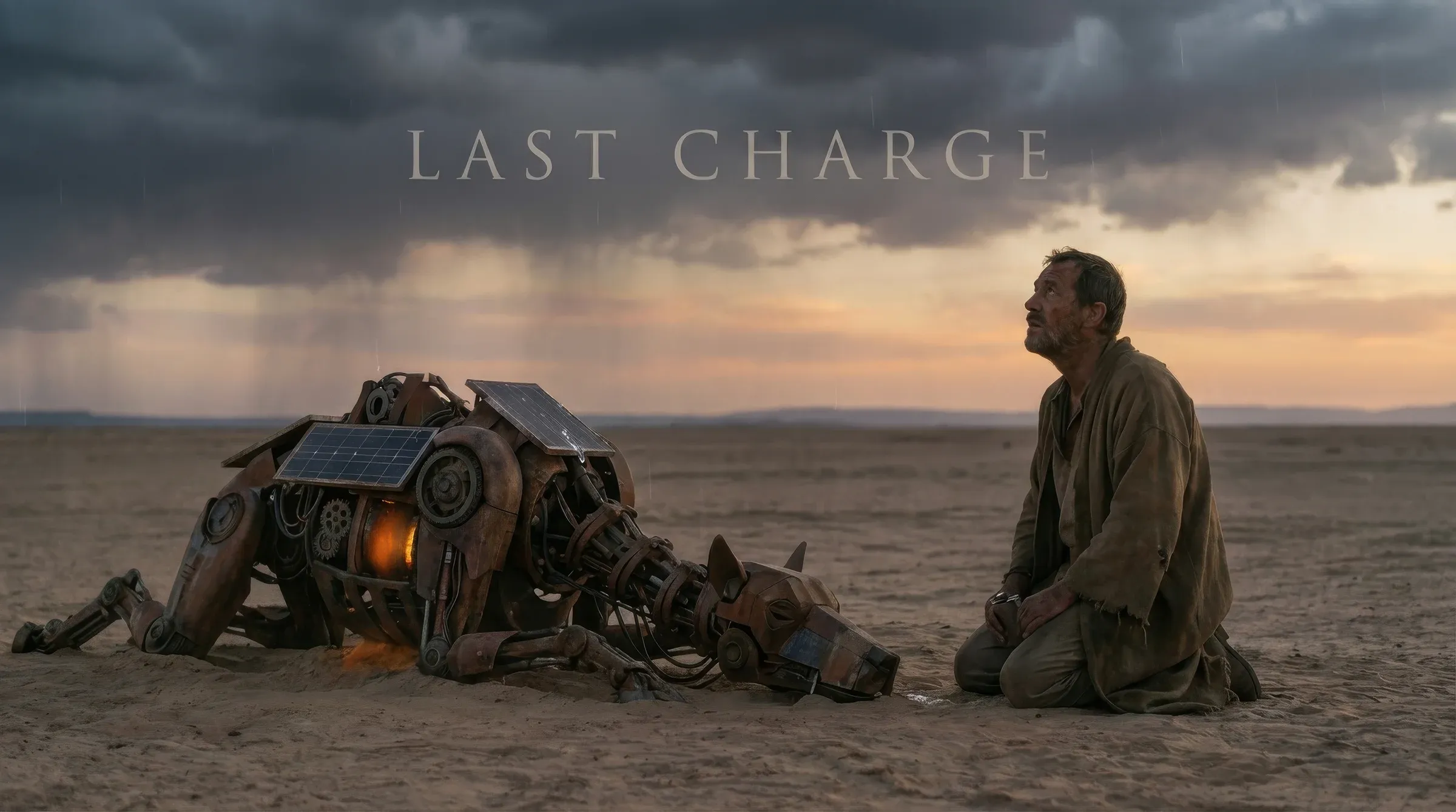 AI-generated cinematic Last Charge movie still of a weary bearded man in tattered clothes kneeling on dusty desert ground beside a broken solar-powered robot dog under a stormy golden hour sky