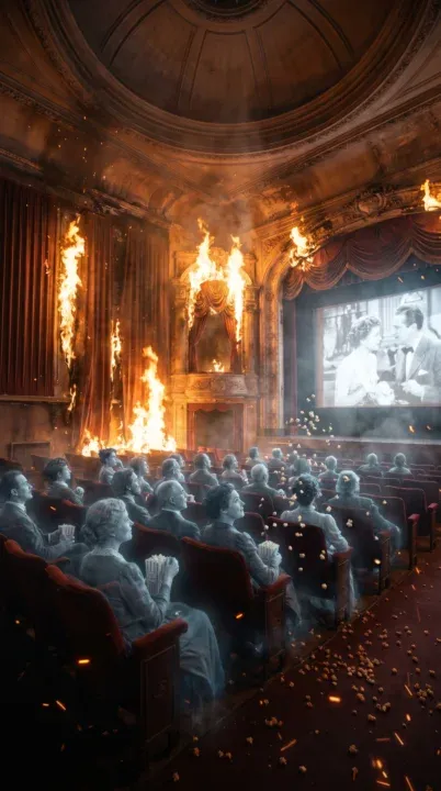 AI-generated cinematic shot of translucent ghost spectators in old theater seats clutching popcorn while the curtained stage burns behind them and sparks drift over the aisles