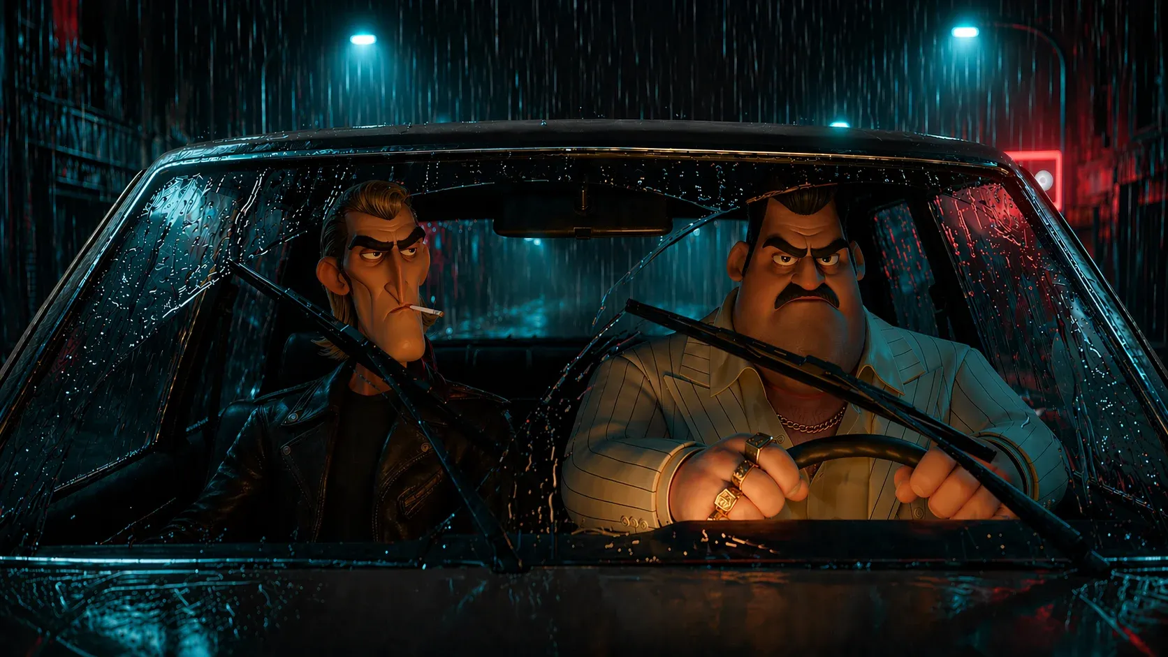 Pixar-style 3D-animated noir scene with two cartoon mob characters smoking and driving a vintage car through a rainy neon-lit alley at night