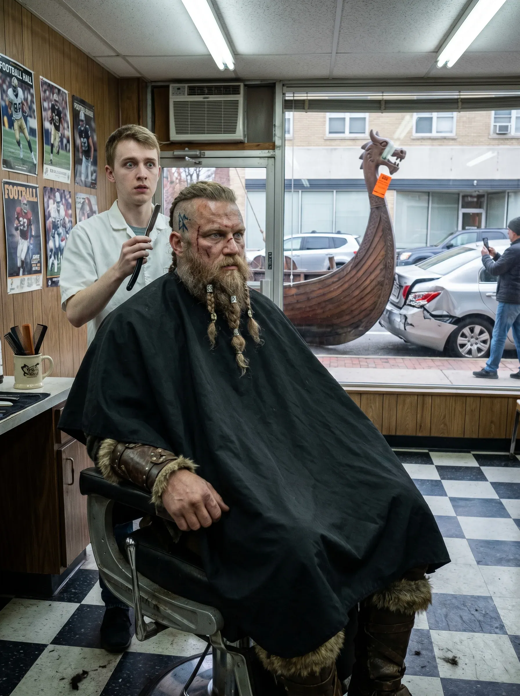 Photoreal viking warrior with long braided beard and warpaint sitting in a modern American barbershop chair getting his hair cut, longship parked outside the window