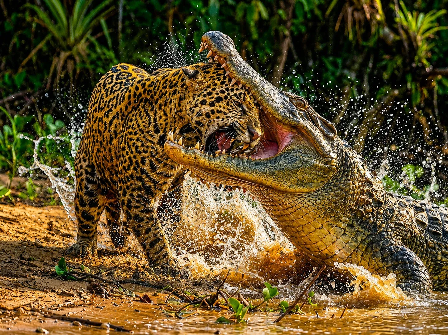 AI-generated National Geographic style action shot of a jaguar locked in combat with a crocodile mid-spray at a sunlit river bank, jungle behind, water droplets suspended around them