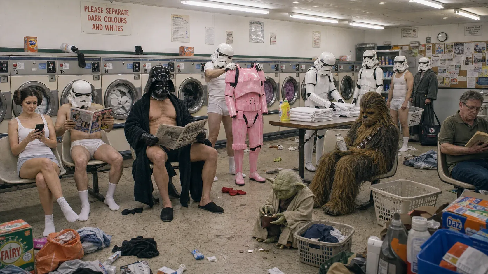 Photoreal laundromat scene with Darth Vader reading a newspaper, Yoda sitting on the floor, Chewbacca, and stormtroopers folding pink laundry