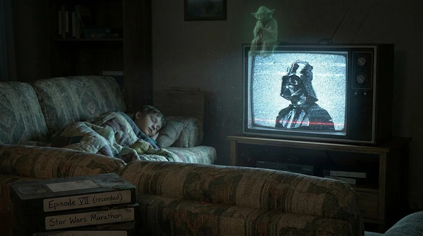 A child sleeping on a couch as Darth Vader plays on a vintage CRT television, with a faint hologram of Yoda hovering above the screen and VHS tapes labelled Star Wars Marathon stacked beside the couch