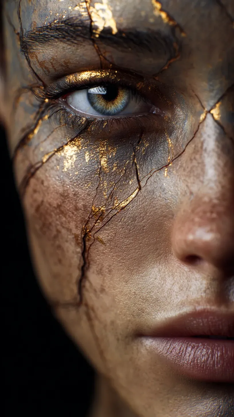 Half-portrait close-up of a tan-skinned woman with green-amber eyes whose face is fractured with golden Japanese kintsugi cracks running from her temple down her cheek, dark moody lighting