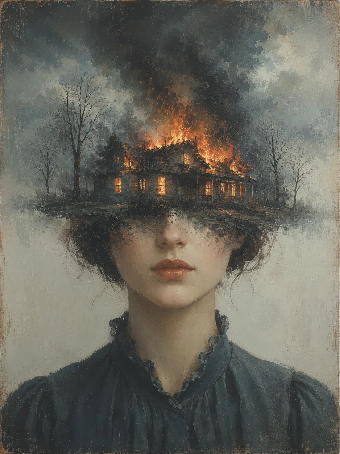 Painterly surreal portrait of a young woman in a dark Victorian dress whose head is replaced by a burning country house engulfed in flames and smoke against bare winter trees