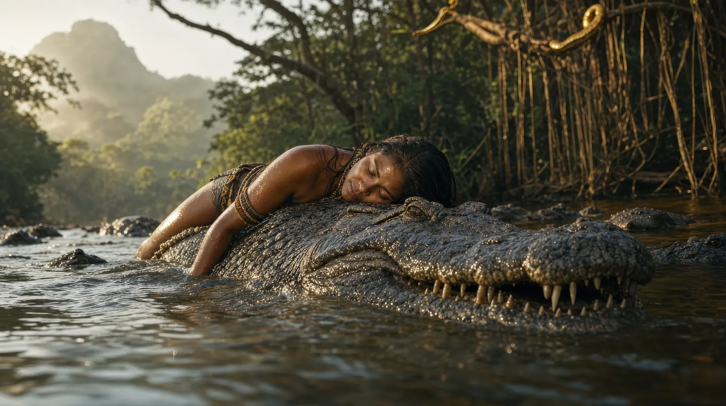 Photoreal scene of a woman in tribal jewellery lying peacefully on top of a giant crocodile half-submerged in a misty mangrove river, with golden hour light through the jungle