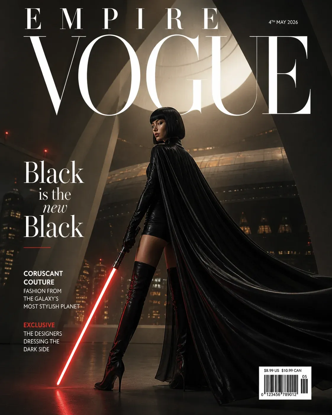 Empire Vogue magazine cover headlined Black is the New Black, featuring a model in a black hooded cape and leather boots holding a red lightsaber, with Coruscant Couture sub-headlines