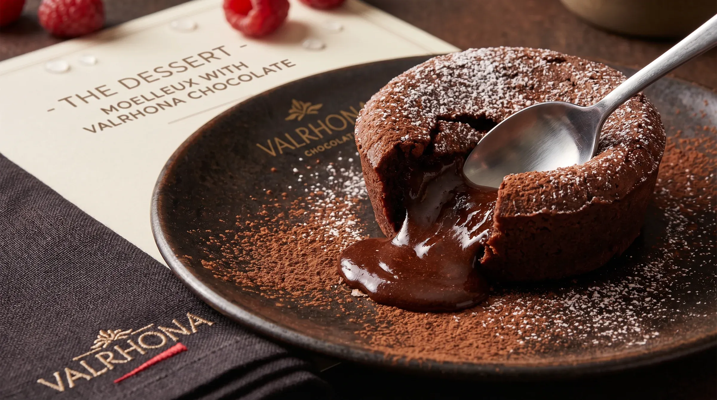 Photoreal Valrhona chocolate fondant dessert advert - a moelleux with raspberries spilling molten chocolate onto a dark slate plate dusted with cocoa, packaging label visible behind