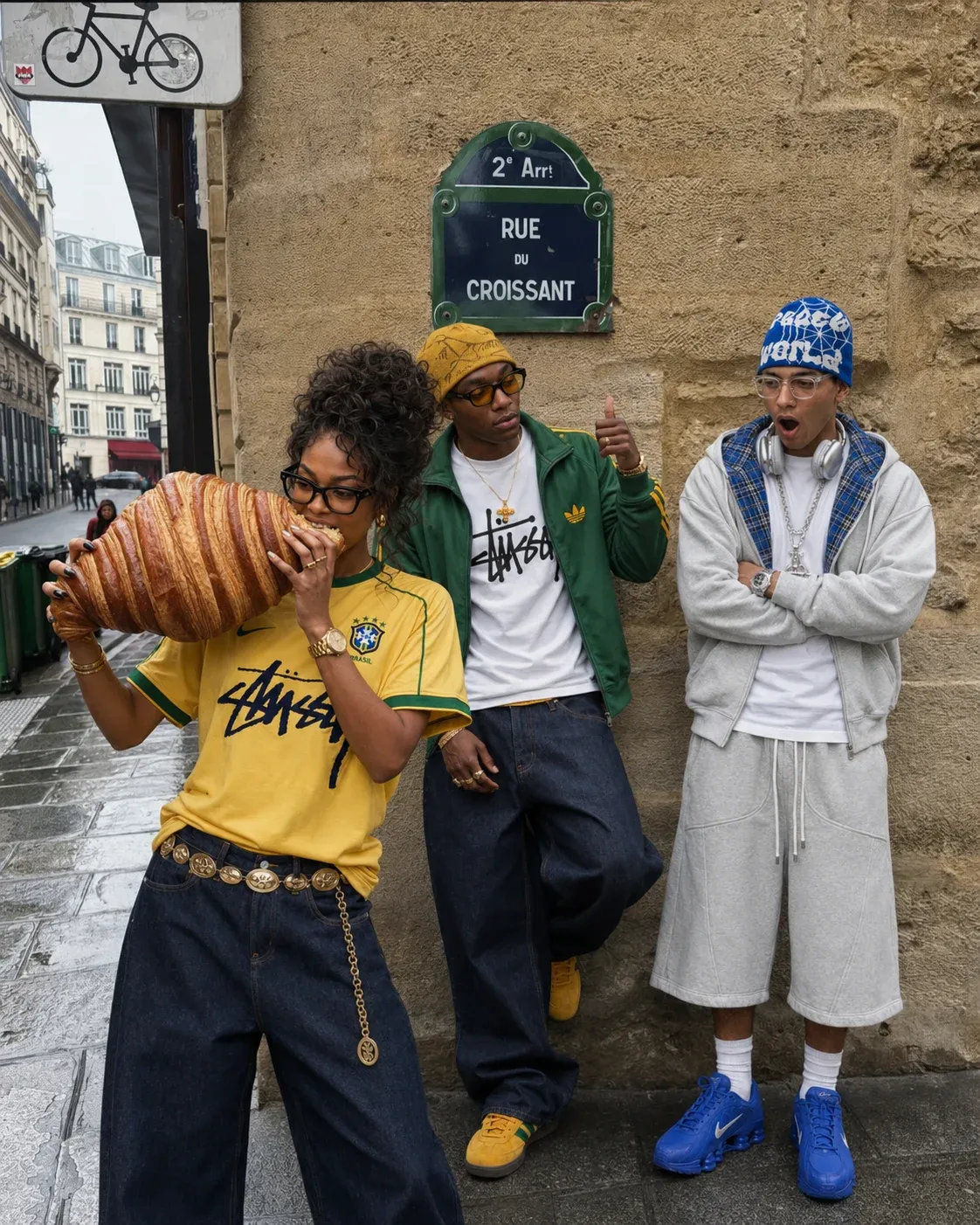 Streetwear photo of three young friends in Stussy gear leaning against a Paris corner under the Rue du Croissant sign, one biting a giant fresh croissant, candid editorial vibe
