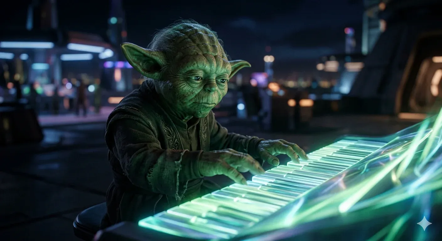 Yoda playing a glowing green and cyan electronic keyboard at night with a neon-lit futuristic city skyline behind him