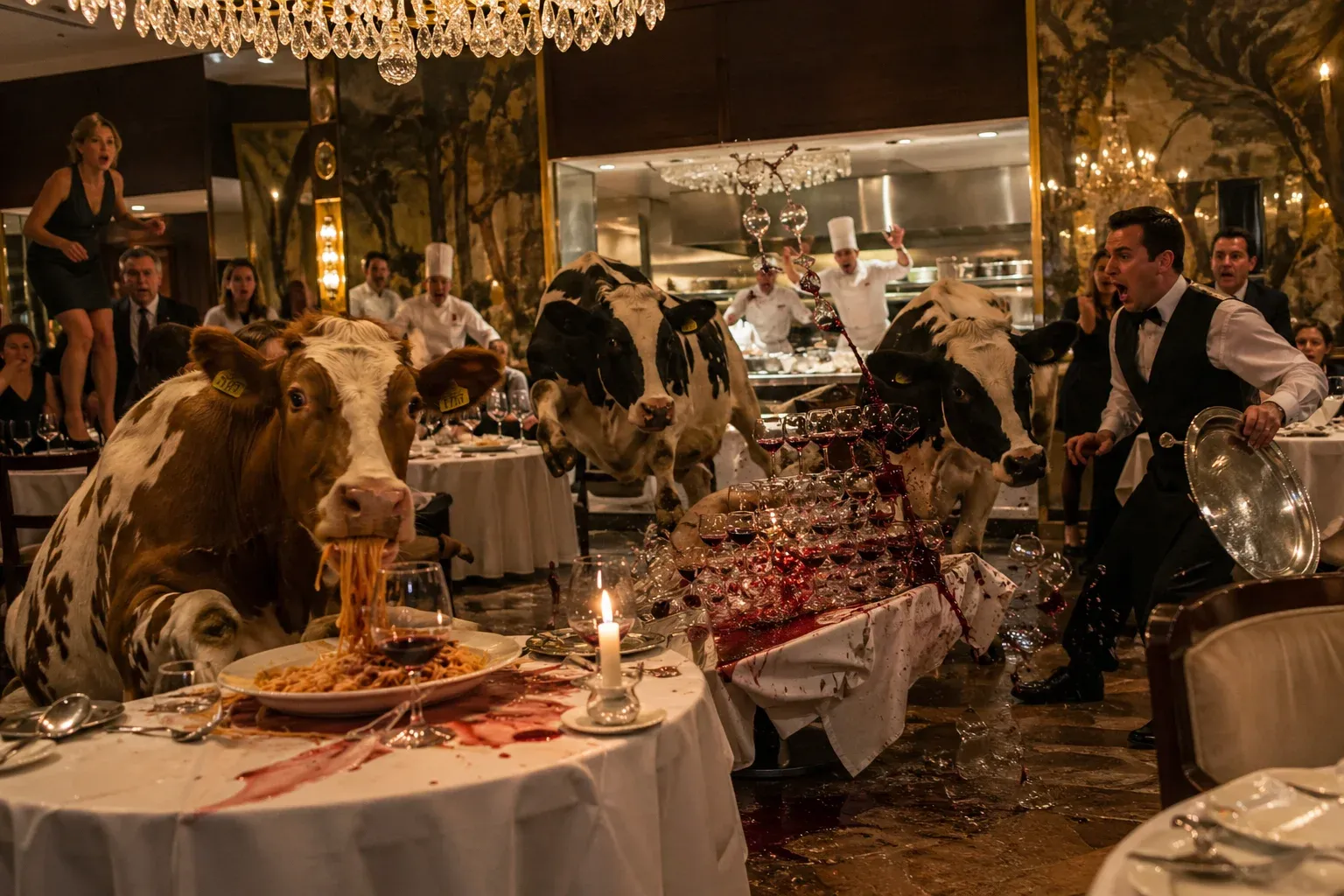 AI-generated surreal chaos at a chandelier-lit fine-dining restaurant as three cows climb onto tables, eat a plate of spaghetti, and knock over wine glasses while shocked waiters and guests react