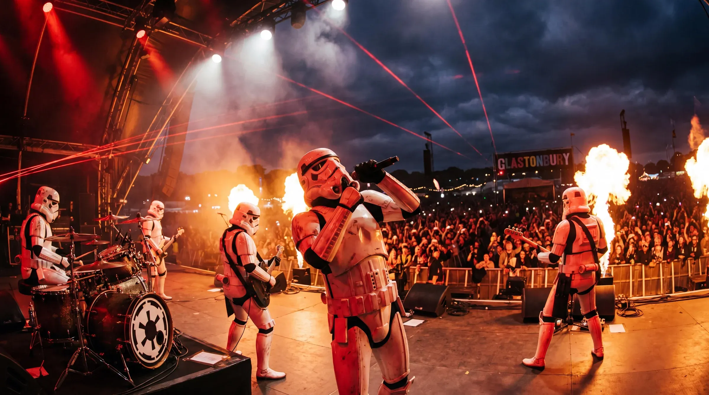 Stormtroopers performing as a rock band on stage at Glastonbury with red lasers, fire pyro, drums and guitars, drum kit emblazoned with Imperial cog logo