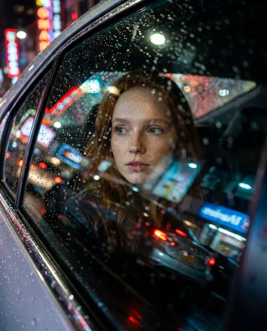 Photoreal portrait of a freckled red-haired young woman gazing out a rain-streaked car window at neon Tokyo signage at night, reflections of the city lights in the glass
