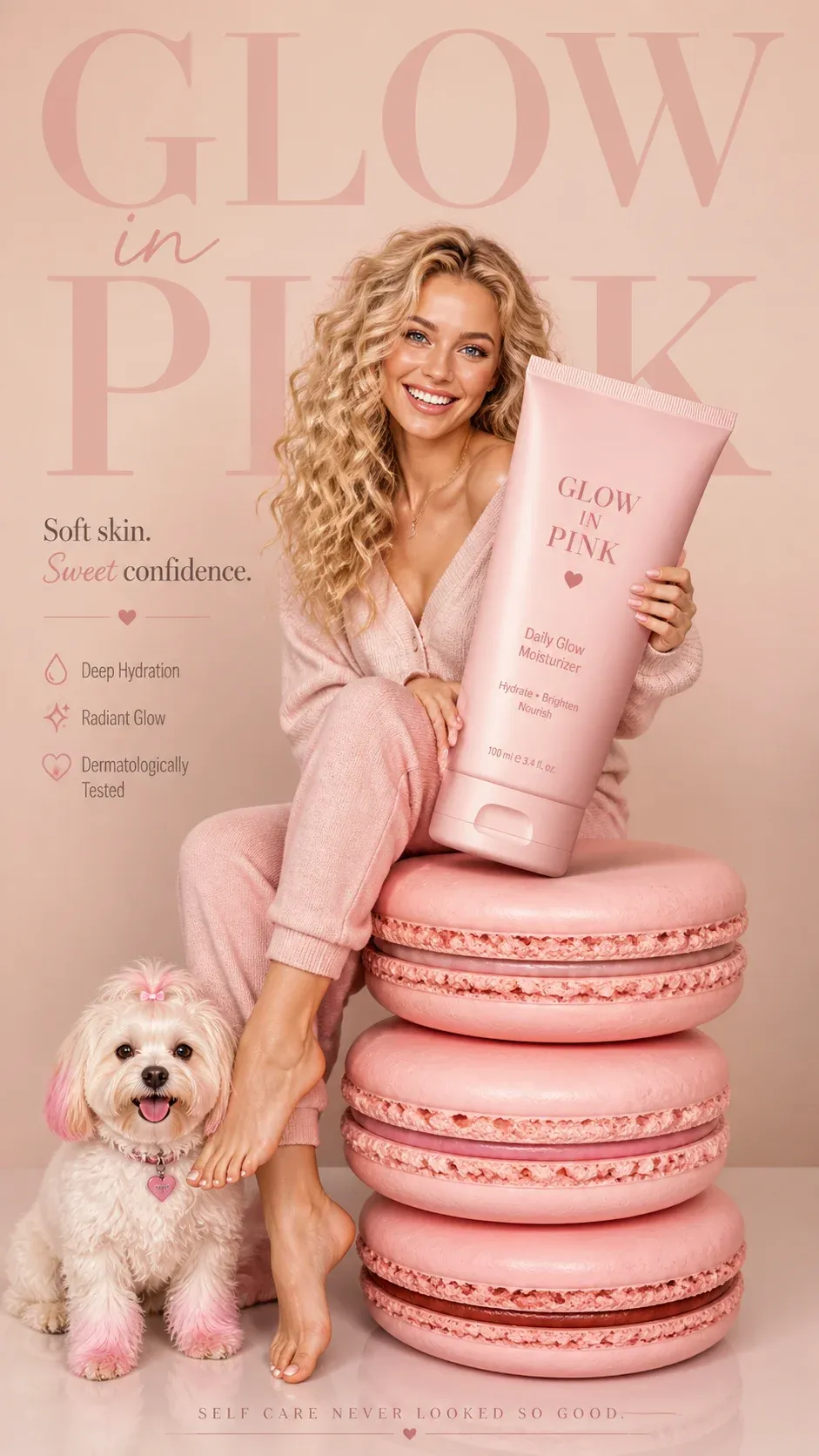 Glow in Pink skincare advert mockup with a smiling blonde curly-haired woman in pink loungewear sitting on three giant pink macarons, holding a Glow in Pink moisturiser tube, small fluffy white dog beside her