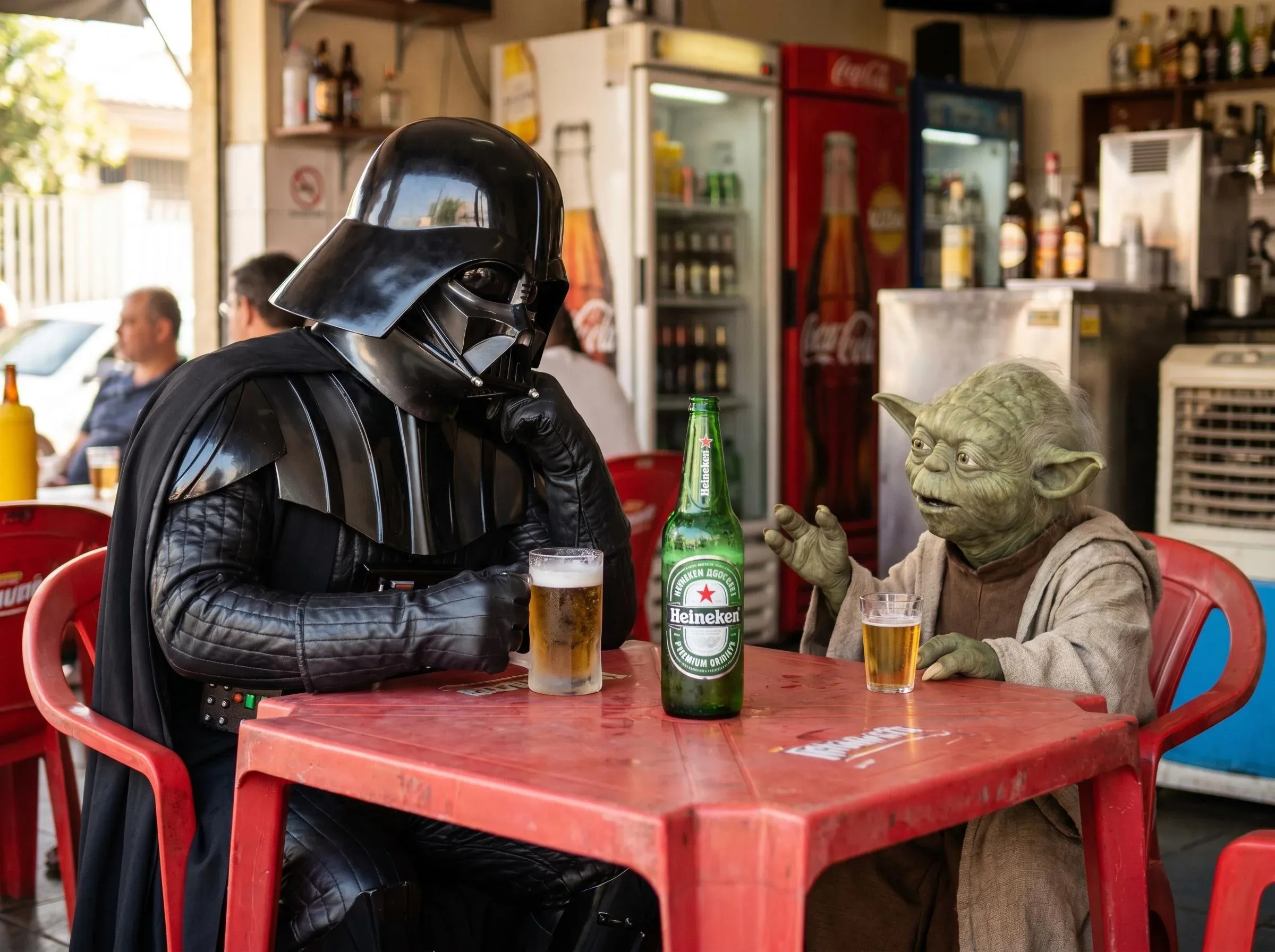 Photoreal Darth Vader and Yoda sitting at a Brazilian roadside bar at red plastic tables sharing Heineken beers, a Coca-Cola fridge and bottles of cachaca visible behind the counter