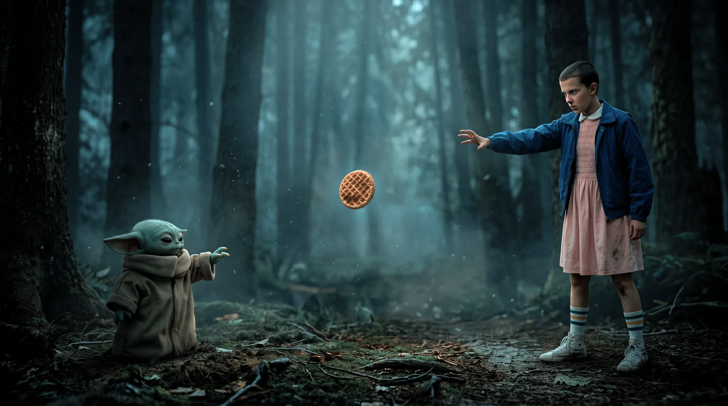 Baby Yoda Grogu in a misty forest using telekinesis to face off against Eleven from Stranger Things, who tosses a floating waffle through the air between them