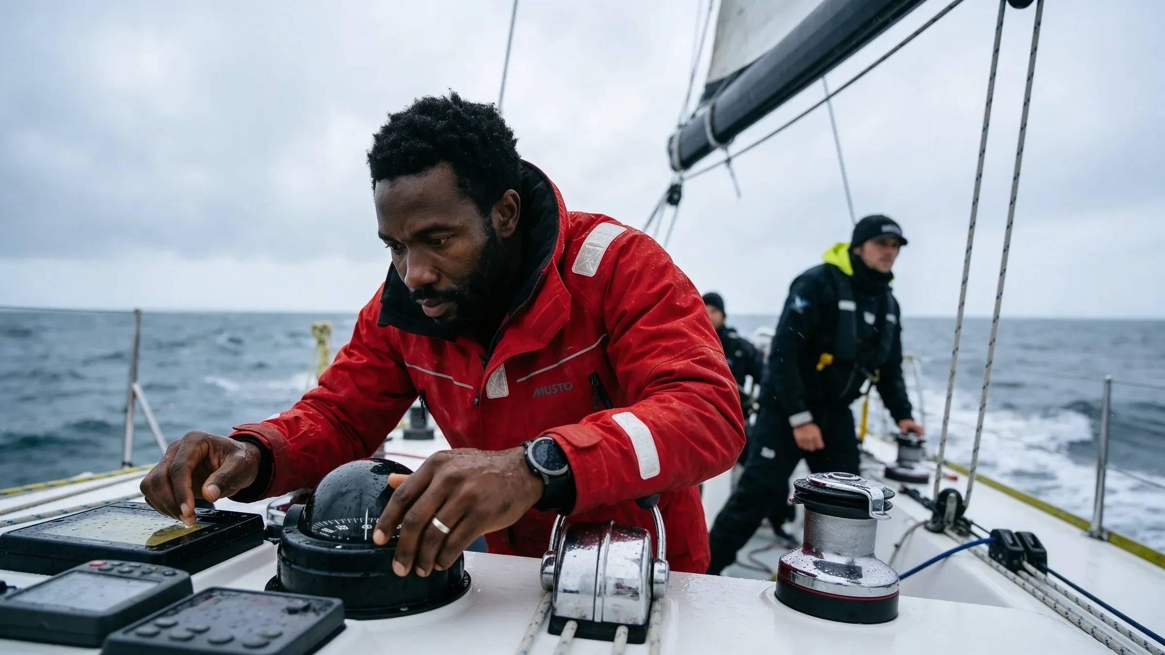 Photoreal Black sailor in a red waterproof jacket adjusting a brass compass and navigation instruments aboard a sailing yacht in choppy grey seas, second sailor at the helm behind him