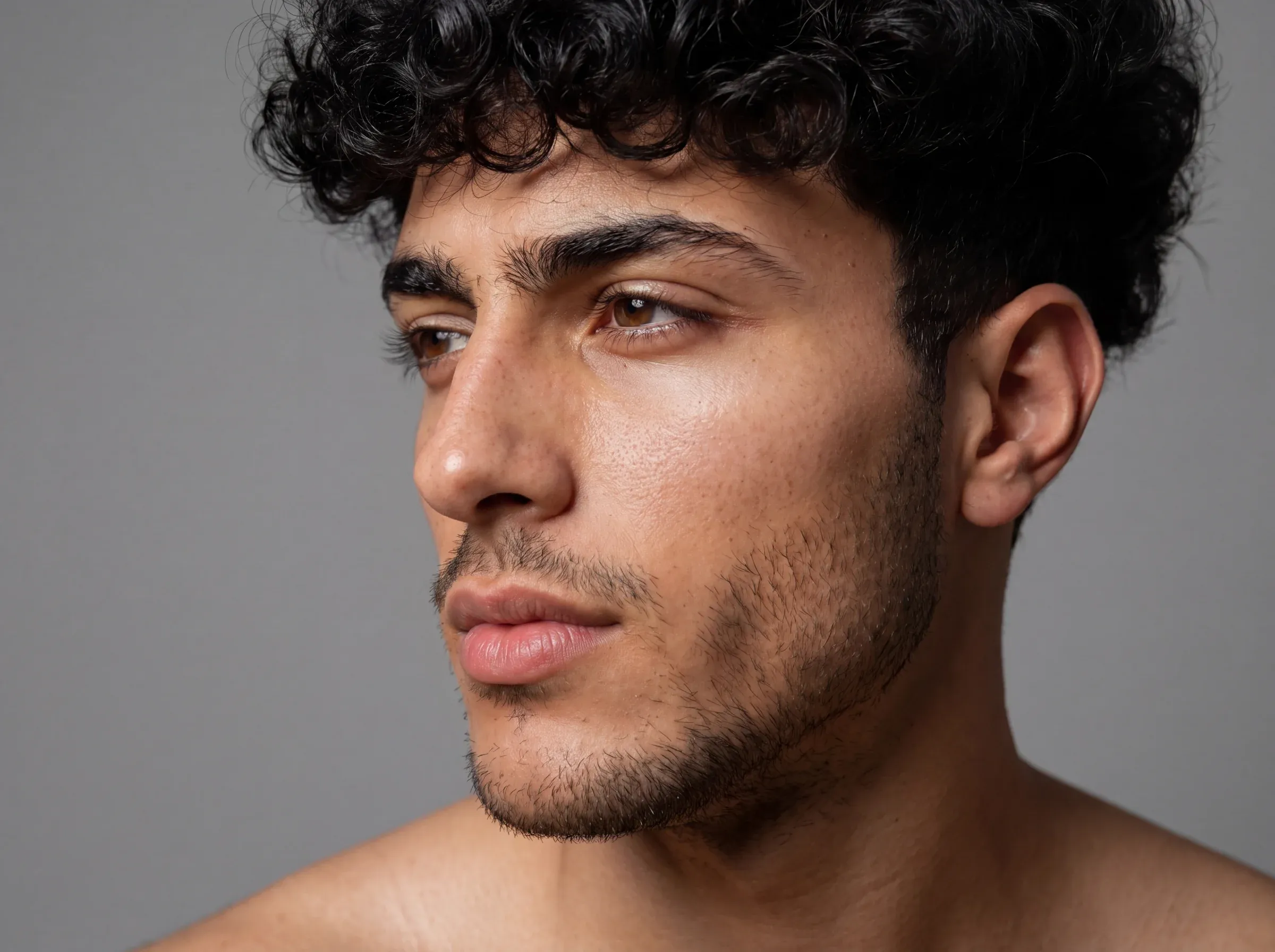 Photoreal black and white close-up studio portrait of a curly-haired bearded young man with smooth skin looking off-camera, soft three-quarter lighting