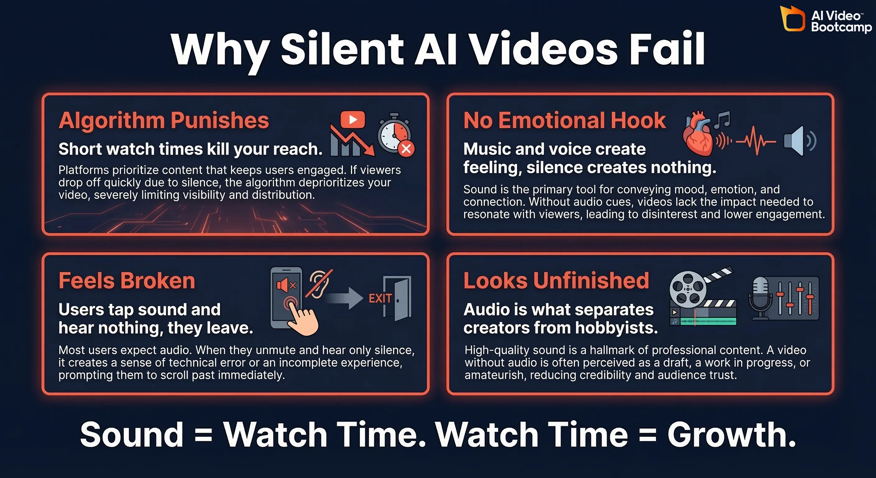 Why silent AI videos fail infographic showing 4 reasons: Algorithm Punishes (short watch times kill reach), No Emotional Hook (music and voice create feeling silence creates nothing), Feels Broken (users tap sound hear nothing and leave), Looks Unfinished (audio separates creators from hobbyists) — with the summary statement Sound equals Watch Time Watch Time equals Growth on a dark navy background