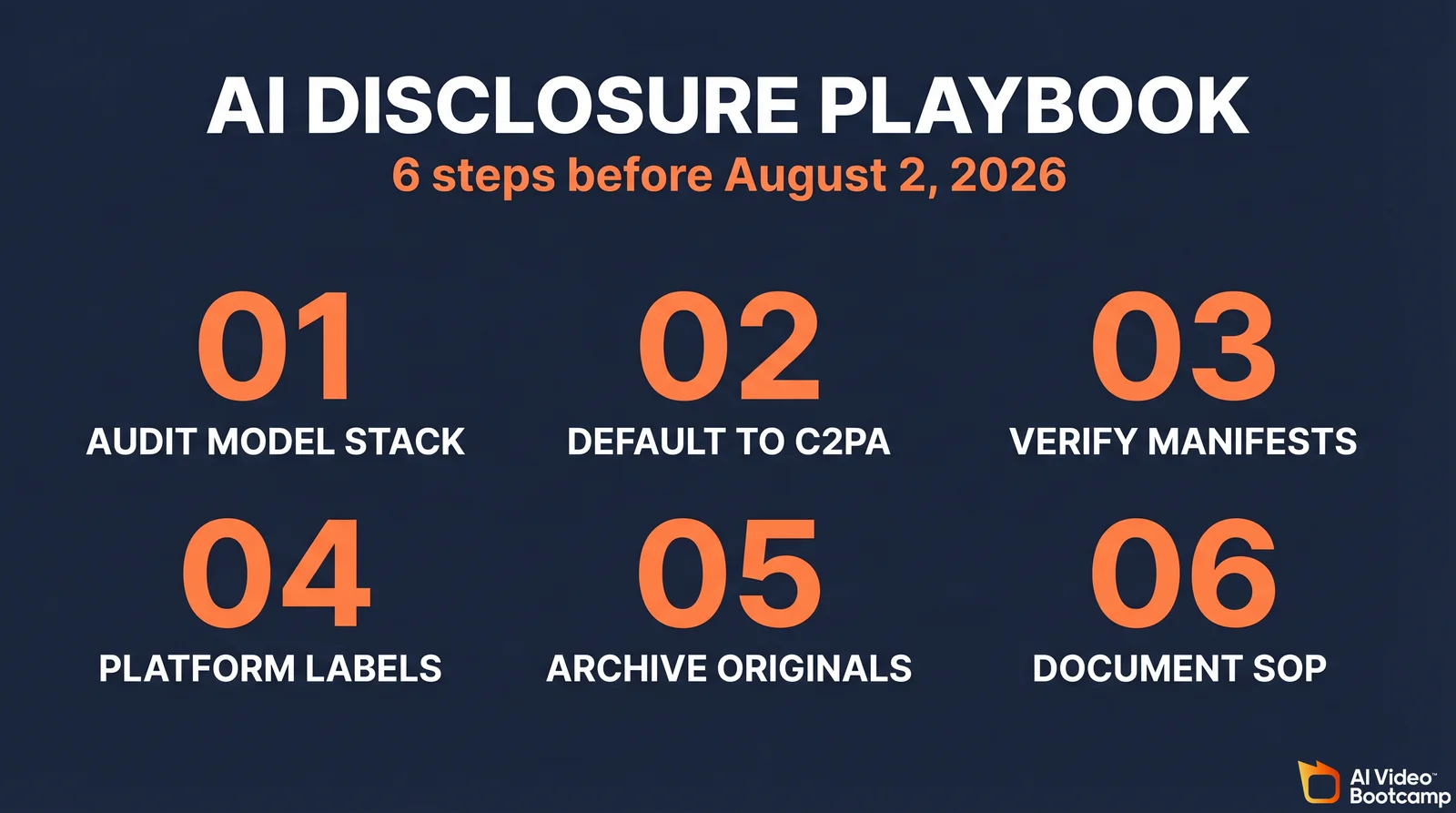The 6-step AI Disclosure compliance playbook: 01 Audit model stack, 02 Default to C2PA-capable models for EU-facing work, 03 Validate manifests before publishing with contentcredentials.org verify, 04 Use platform native AI labels on TikTok YouTube Meta LinkedIn, 05 Archive originals with manifests in cold storage, 06 Document the workflow in a one-page SOP for legal review