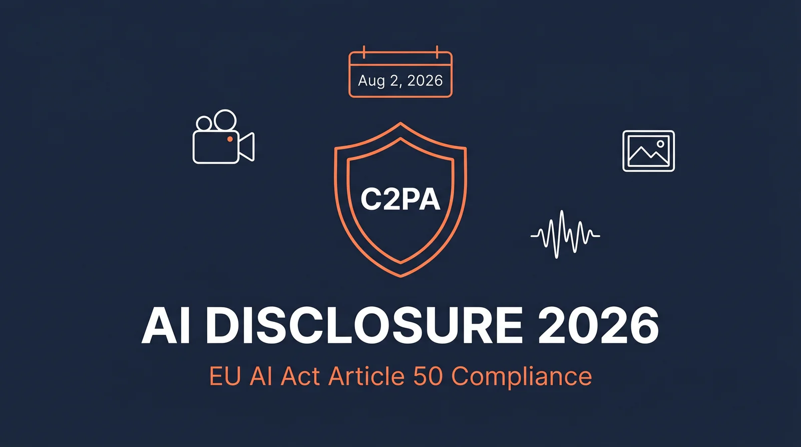 AI Disclosure Compliance 2026 hero graphic on dark navy background with C2PA manifest shield, SynthID watermark waveform, and EU AI Act Article 50 deadline August 2 2026 rendered in white and orange