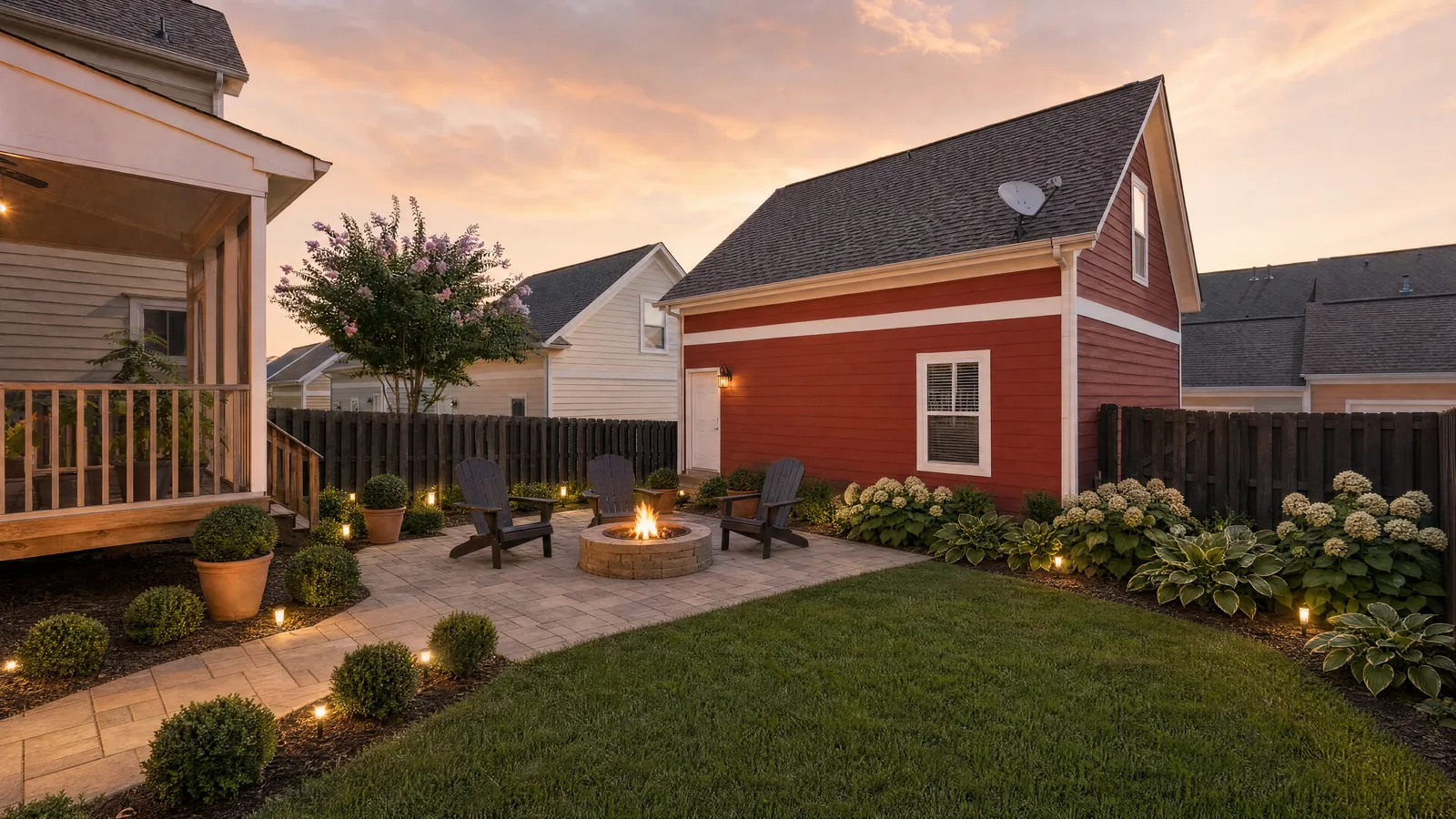 After: the same yard at dusk with a paver patio and fire pit, clipped boxwood spheres, white hydrangeas along the fence, and warm path lighting