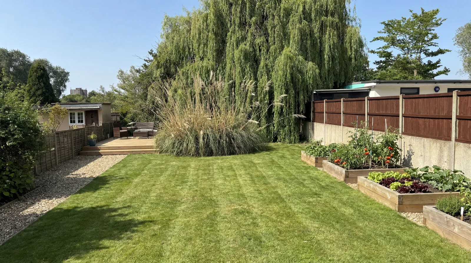 After: the same yard cleared into a family garden with a striped mown lawn, a timber deck by the house, and raised vegetable beds along the fence