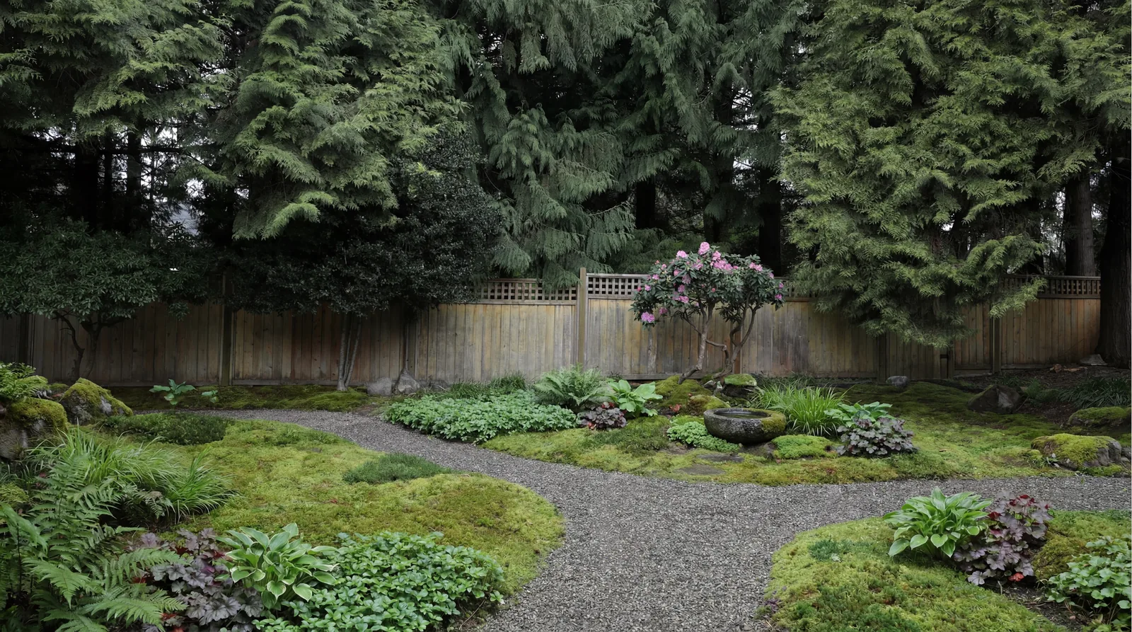 After: the same yard as a mossy shade garden with a meandering gravel path, a moss lawn, hostas and ferns, and a stone water bowl