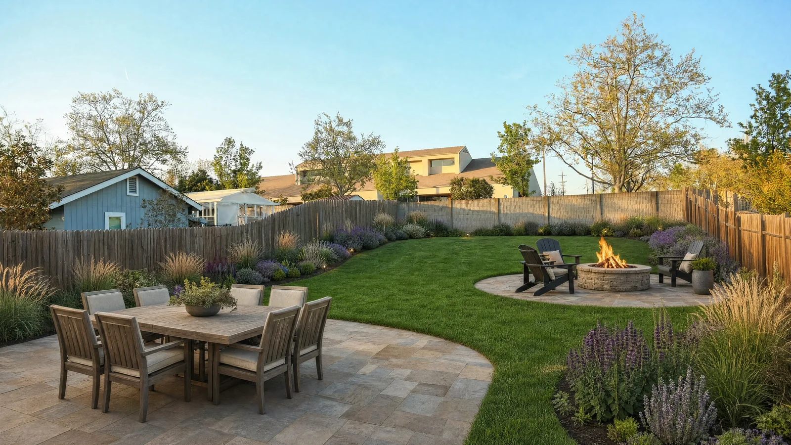 After: the same yard redesigned with a curved flagstone dining patio, a fire-pit seating circle, and lavender and ornamental-grass borders along the fences