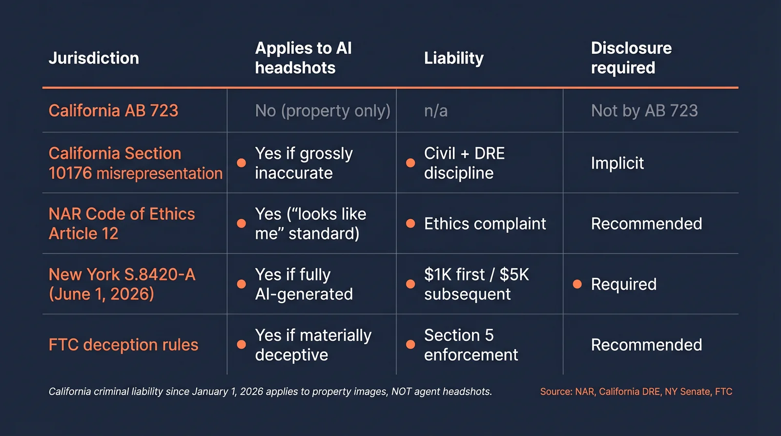 Compliance crosswalk matrix for AI agent headshots showing California AB 723 does not apply, California Section 10176 misrepresentation applies if grossly inaccurate, NAR Code of Ethics Article 12 applies under looks-like-me standard, New York S.8420-A applies if fully AI-generated with $1K to $5K civil penalties, and FTC deception rules apply if materially deceptive