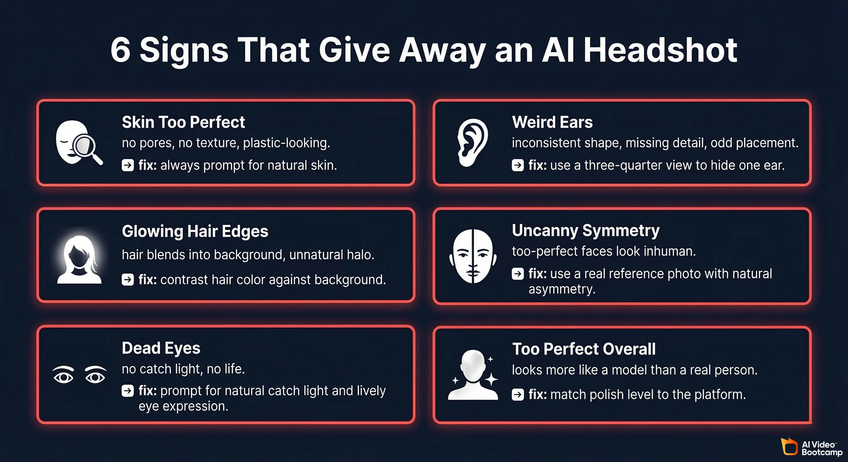 6 signs that give away an AI headshot infographic in a 2-column 3-row grid with red coral borders: Skin Too Perfect (no pores no texture plastic-looking — fix: always prompt for natural skin), Weird Ears (inconsistent shape missing detail odd placement — fix: use three-quarter view to hide one ear), Glowing Hair Edges (hair blends into background unnatural halo — fix: contrast hair color against background), Uncanny Symmetry (too-perfect faces look inhuman — fix: use a real reference photo with natural asymmetry), Dead Eyes (no catch light no life — fix: prompt for natural catch light and lively eye expression), Too Perfect Overall (looks more like a model than a real person — fix: match polish level to the platform) — on dark navy background