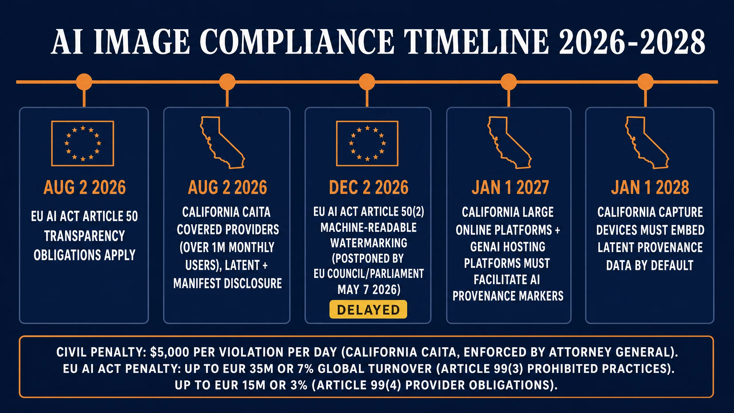 Horizontal timeline showing five AI image compliance milestones from August 2026 EU AI Act Article 50 through January 2028 California capture-device provenance, with the December 2026 watermarking delay flagged