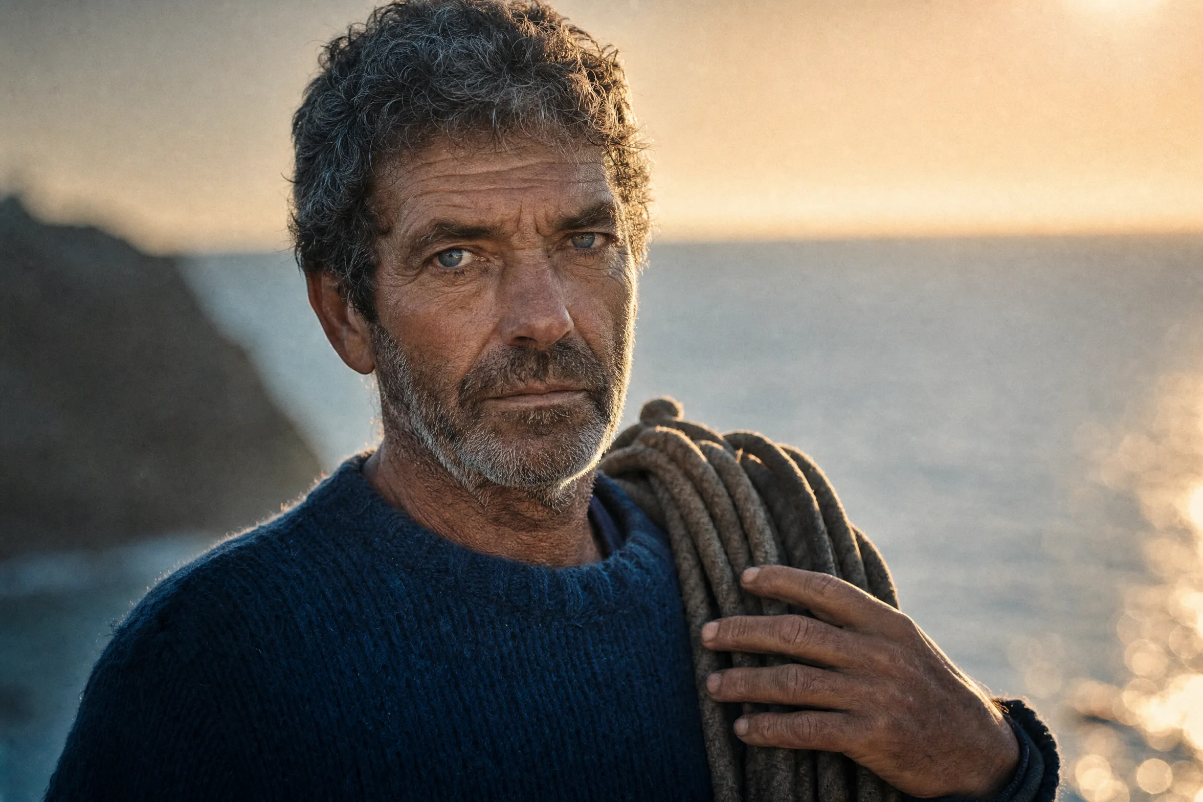 Editorial close-up portrait of a weathered 60-year-old Portuguese fisherman in golden hour rim light, 85mm shallow depth of field, Kodak Portra 400 grain, Roger Deakins cinematic grade